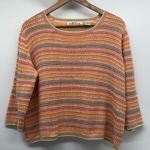 ORVIS Crewneck Ramie/Cotton Open-Knit Sweater Pastel Multi-Color Stripes Sz XL